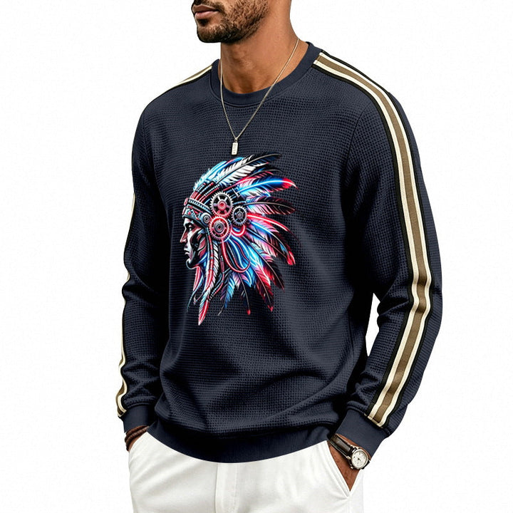 Męska bluza z feather headpiece print, waffle structure i contrasting shoulder stripes
