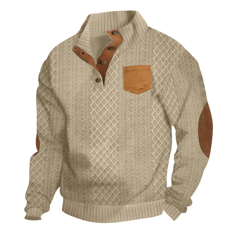 Męska Strukturalny Cable Dzianina Bluza z Half Listwa guzikowa, Imitacja skóry Patch Kieszeń &amp; Elbow Patches