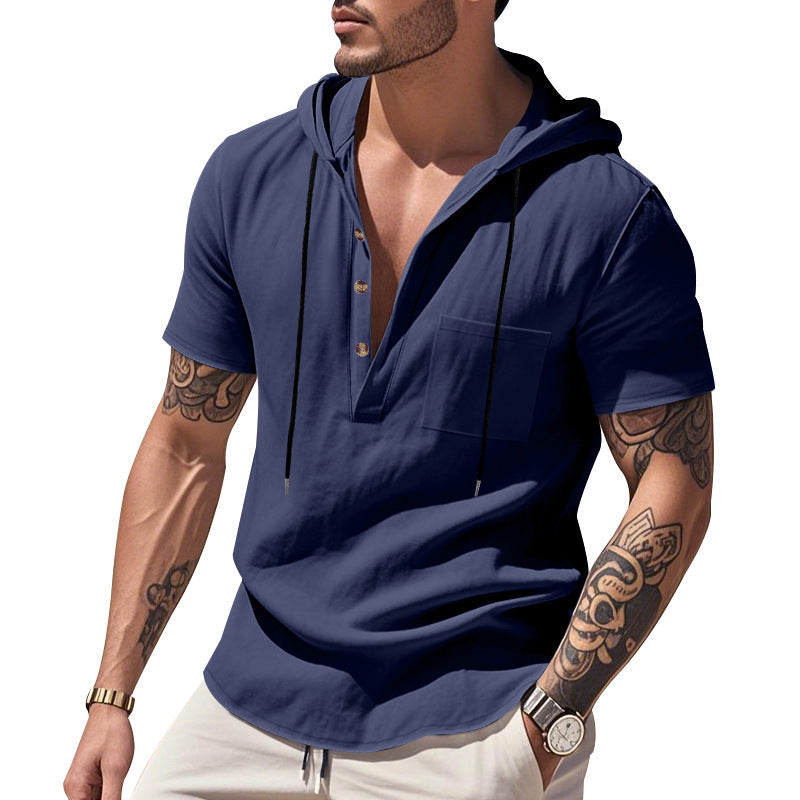 Męska Lekka krótka-sleeve z kapturem Henley wykonana z single jersey z klatka piersiowa kieszeń i kontrastowy ściągacz