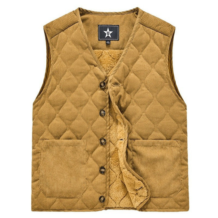 Męski sztruks kamizelka pikowana z V-neck, ocieplany stitching structure i naszywane kieszenie.