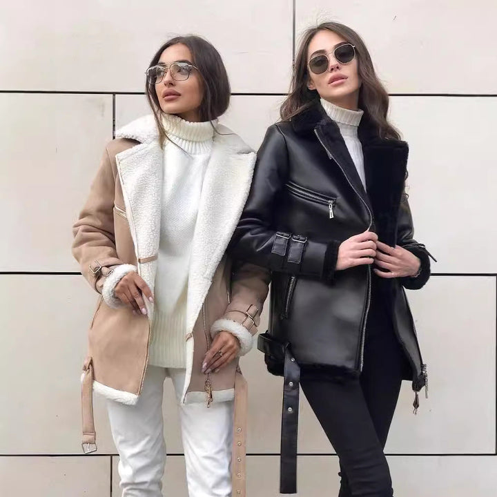 Damska oversize imitacja skóry Pilot kurtka z Teddy Fur Lining i Buckles Lumaza