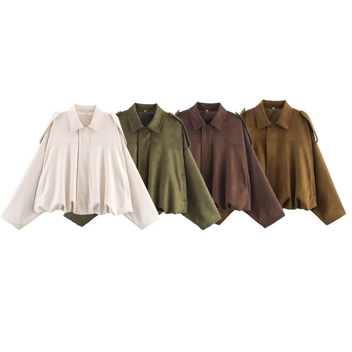 Damska oversize krótka kurtka in Suede Look z Cut-Out Shoulders i ściągaczem dołem Lumaza
