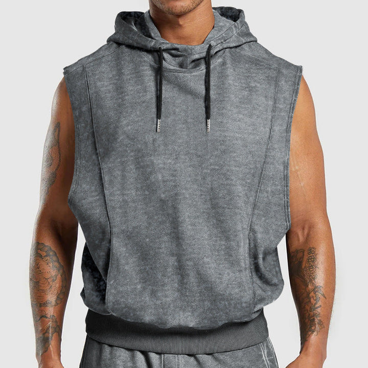 Męska sleeveless bluza z kapturem w stone-wash wygląd z deep armholes i prążkowany Dół