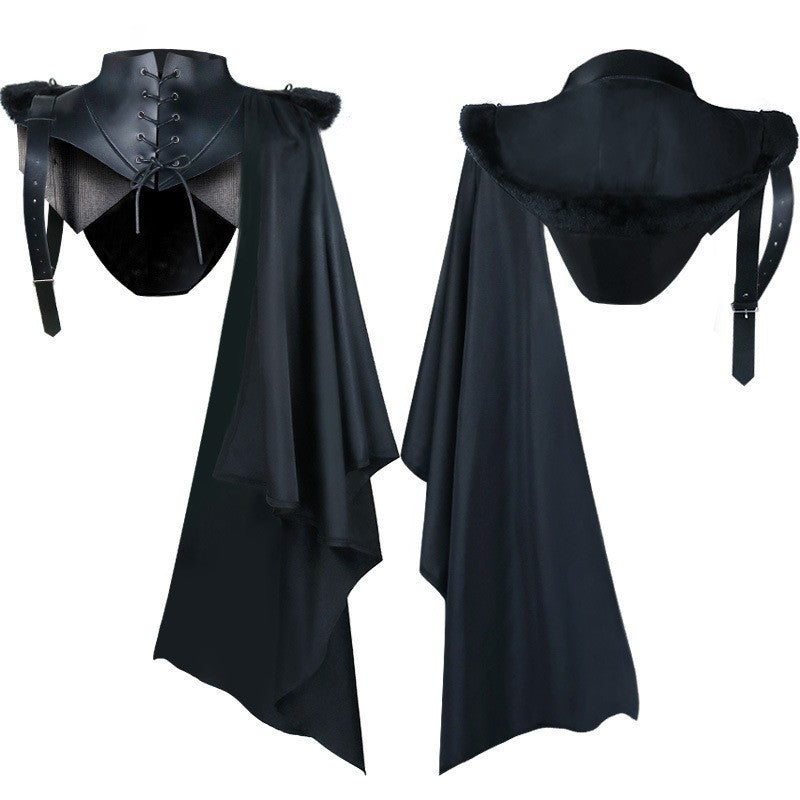 Unisex cape z shoulder plates, laced Kołnierz, sztuczne futro wykończenie, regulowany skóra straps, i asymmetric train