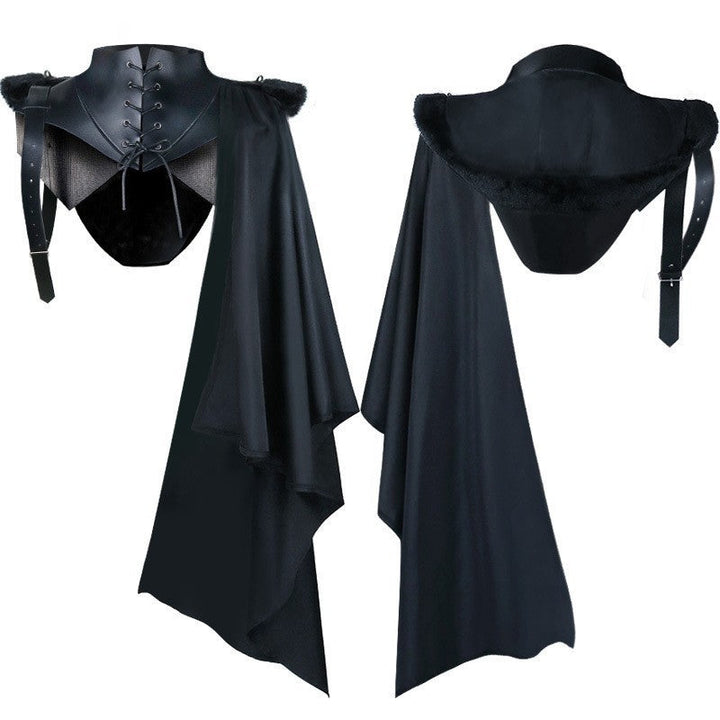 Unisex cape z shoulder plates, laced Kołnierz, sztuczne futro wykończenie, regulowany skóra straps, i asymmetric train