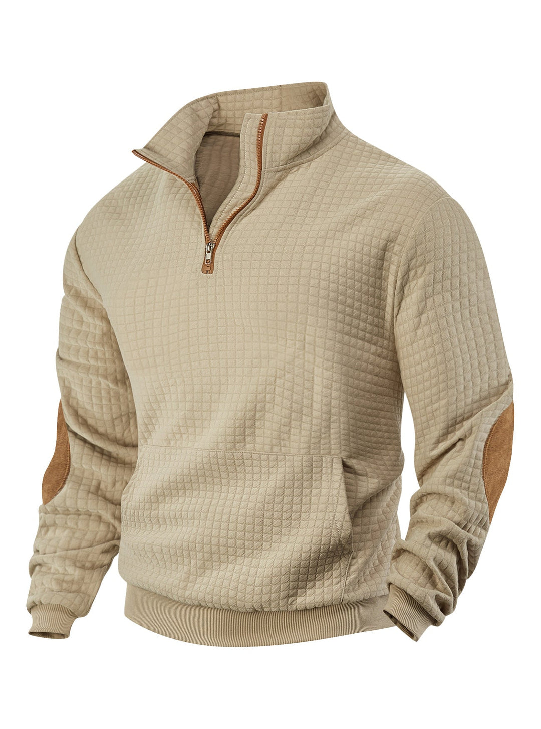 Męska waffle tekstura krótki zamek z Stójka, kieszeń kangurka, i zamsz wygląd elbow patches