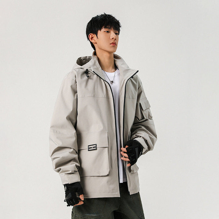 Męski Oversize Utility Kurtka z Technical Softshell, Kaptur i Wiele Kieszenie