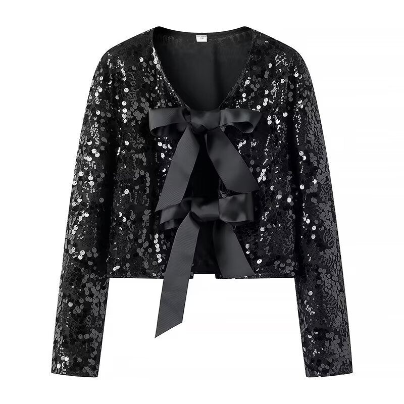 Damska krótka kurtka z Sequin Trim i Decorative Bow przodem Lumaza