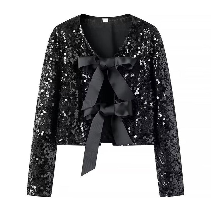 Damska krótka kurtka z Sequin Trim i Decorative Bow przodem Lumaza