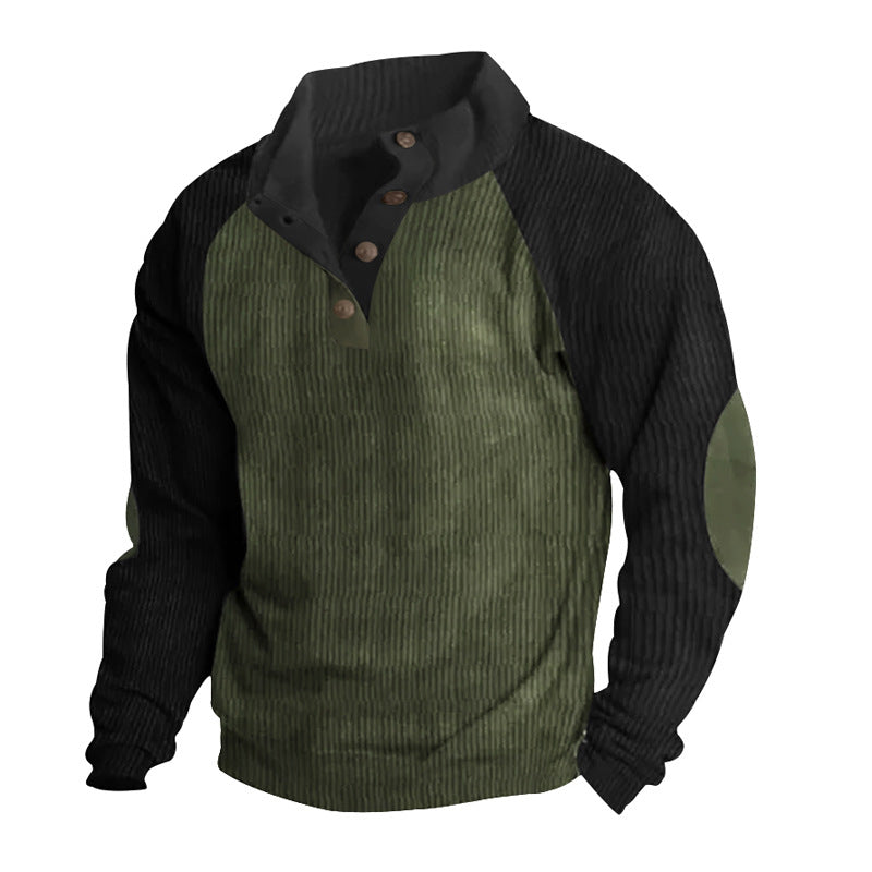 Męska Strukturalny Raglanowy Henley Pulower z Stójka, Elbow Patches &amp; Listwa guzikowa