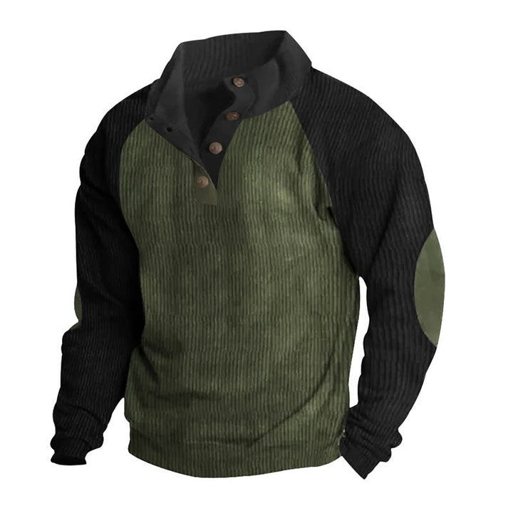 Męska Strukturalny Raglanowy Henley Pulower z Stójka, Elbow Patches &amp; Listwa guzikowa