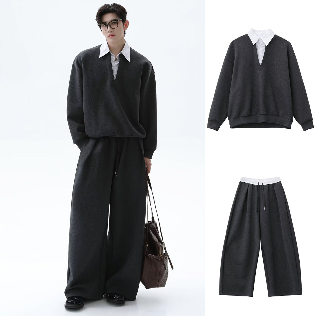 Męska Codzienny Oversize Sweter z V-Neck i Szeroki Spodnie