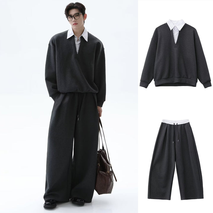 Męska Codzienny Oversize Sweter z V-Neck i Szeroki Spodnie