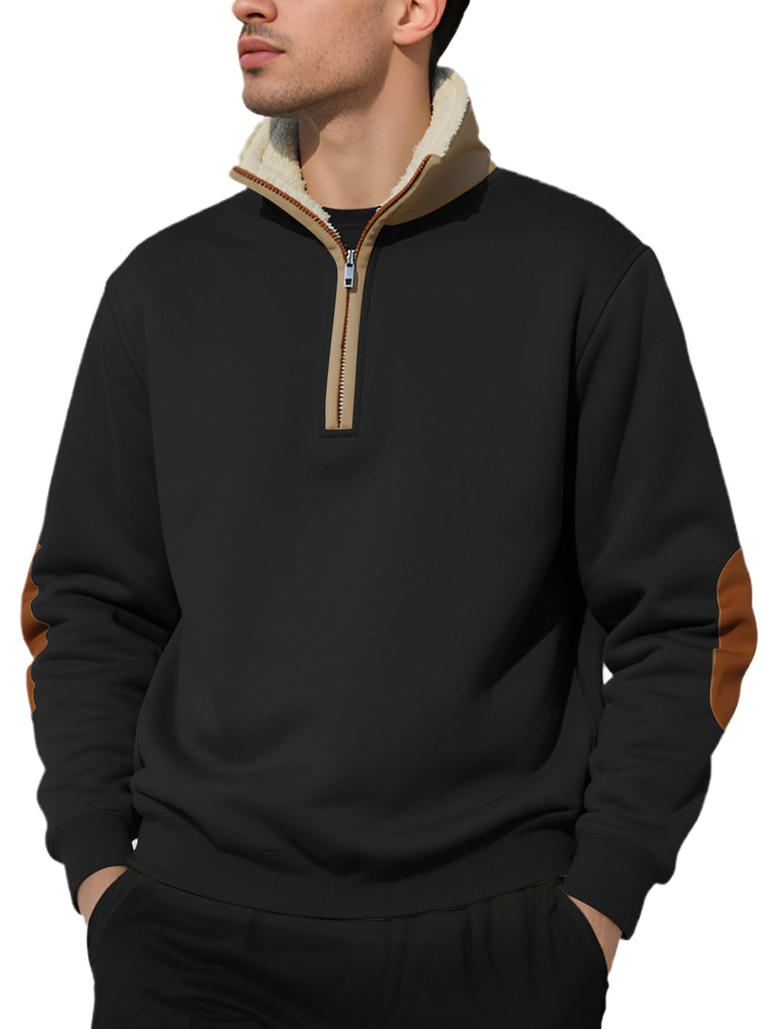 Męska nano Lekka krótki zamek bluza z sherpa lined Stójka i imitacja skóry elbow patch
