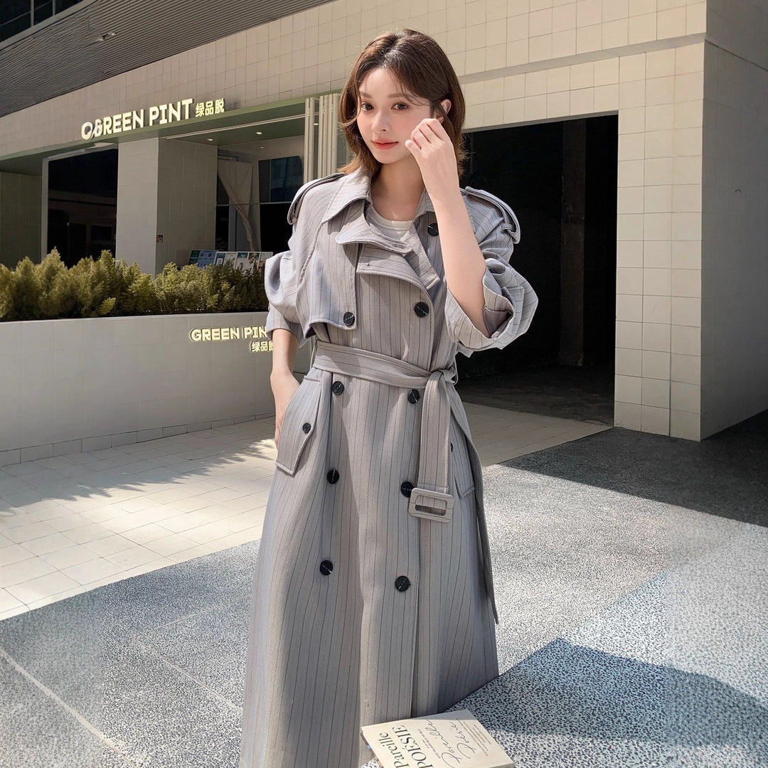 Damska elegancka Maxi długa Pinstripe Trench z na ramiona Pads i Gathered rękawami Lumaza