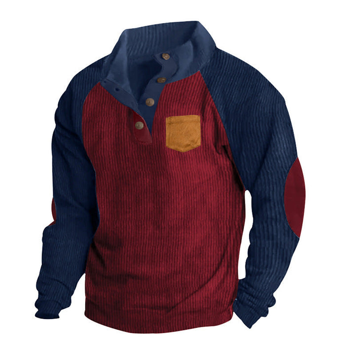 Męska Prążkowany Henley Sweter z Raglanowy Rękawy, Elbow Patches &amp; Klatka piersiowa Kieszeń