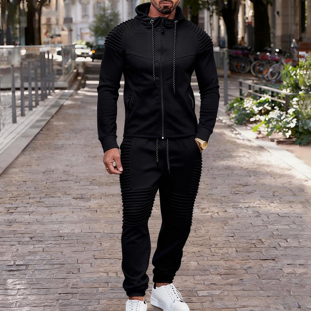 Męska sportowa bluza z kapturem sweat set z prążkowany biker panels