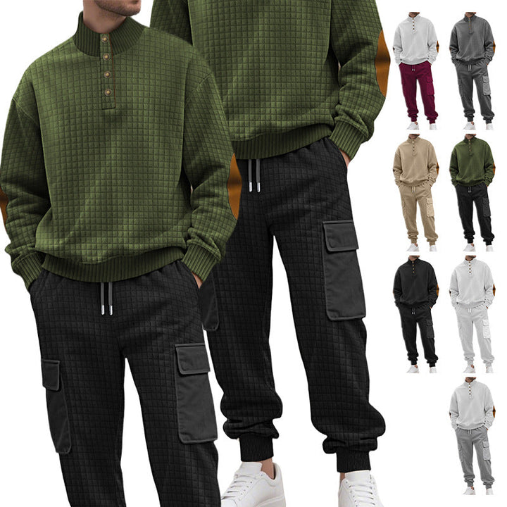 Męska kratka relief sweat set z stójka Listwa guzikowa, welur elbow patches i cargo jogger