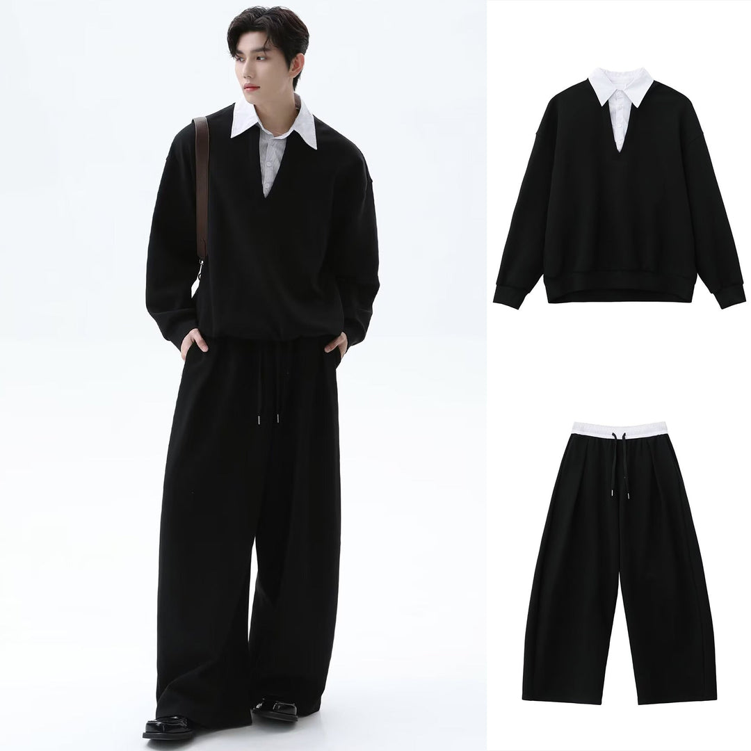Męska Codzienny Oversize Sweter z V-Neck i Szeroki Spodnie