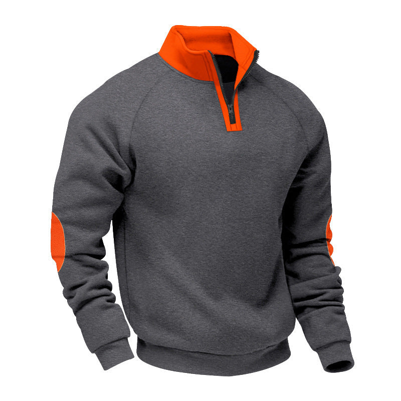 Męska krótki zamek polar pulower z Stójka raglanowy Rękawy i elbow patches