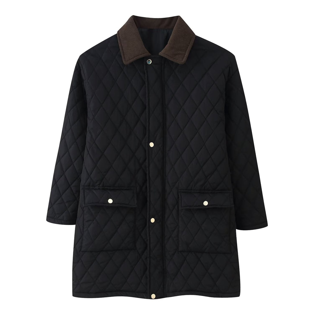 Damskie’s pikowana płaszcz z cord Kołnierz, checkered quilting i naszywane kieszenie
