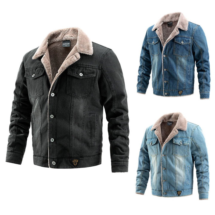 Męski Solidny Denim Trucker Kurtka z Sherpa Podszewka i Teddy Kołnierz