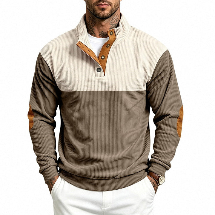 Męska Strukturalny Jumper z Stójka, Press Listwa guzikowa i Elbow Patches