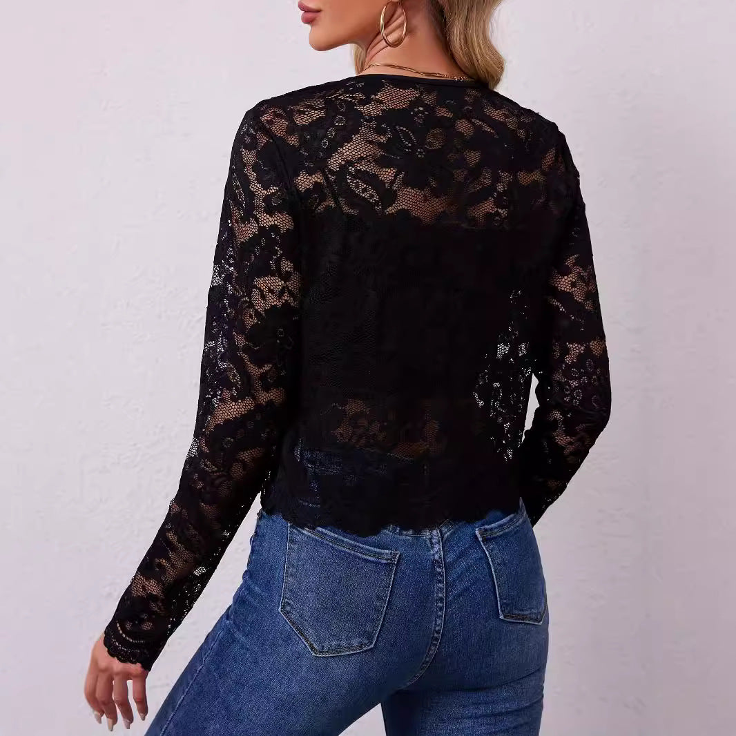 Damska krótki krój transparent lace bolero kurtka z kwiatowy lace i hook Zapięcie