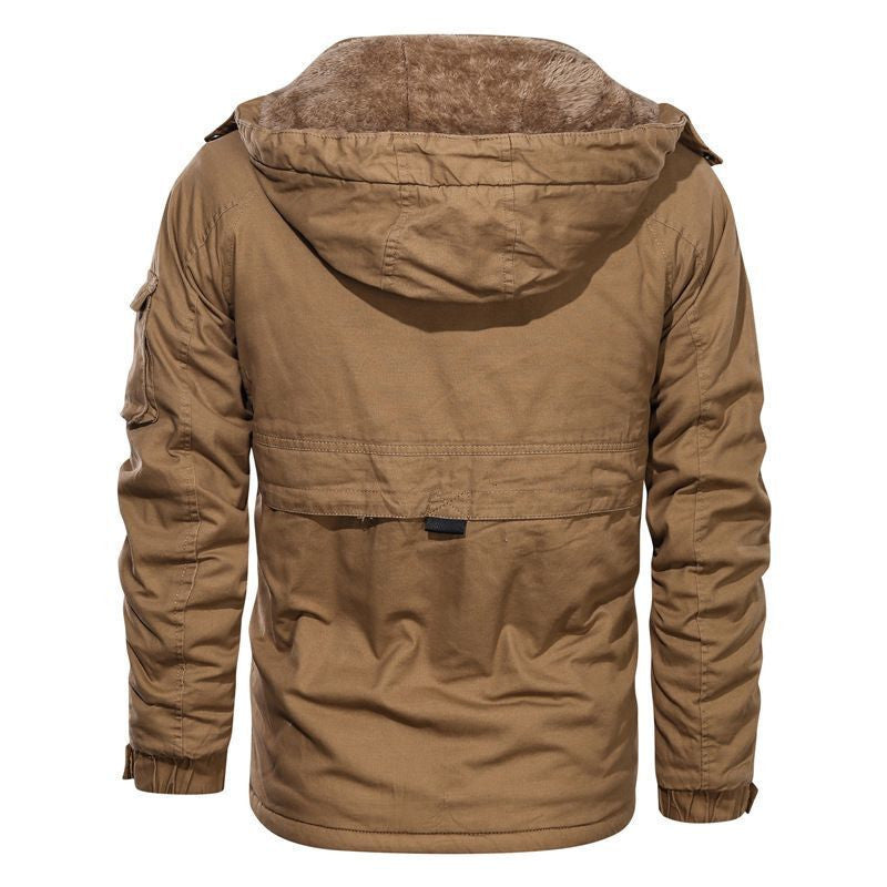 Męski thermally ocieplany płótno kurtka field z kaptur, teddy podszewka, i multifunction kieszenie