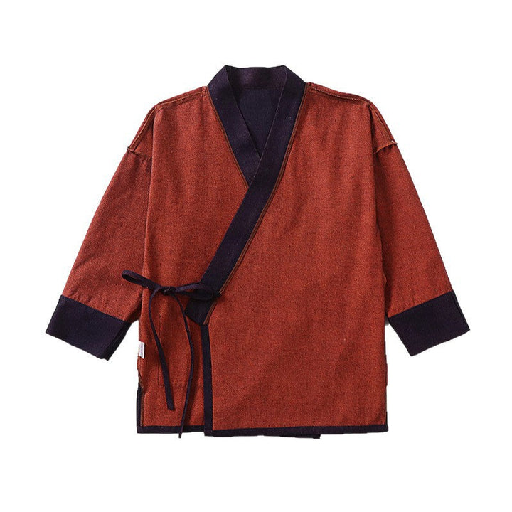 Unisex lekka kopertowa kimono kurtka made of len z bawełną Blend z kontrastowy Trim i wiązanym paskiem Lumaza