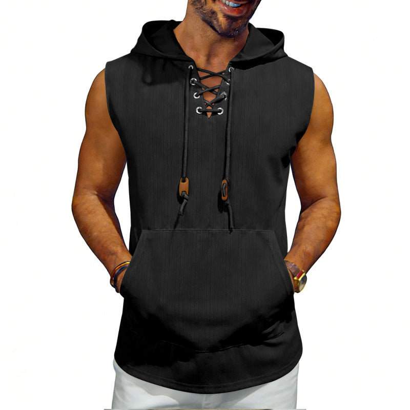 Męska sleeveless z kapturem kamizelka z lace-up V-neck, kieszeń kangurka, i Codzienny Krój