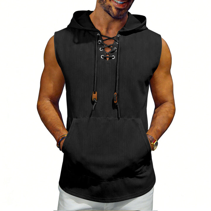 Męska sleeveless z kapturem kamizelka z lace-up V-neck, kieszeń kangurka, i Codzienny Krój