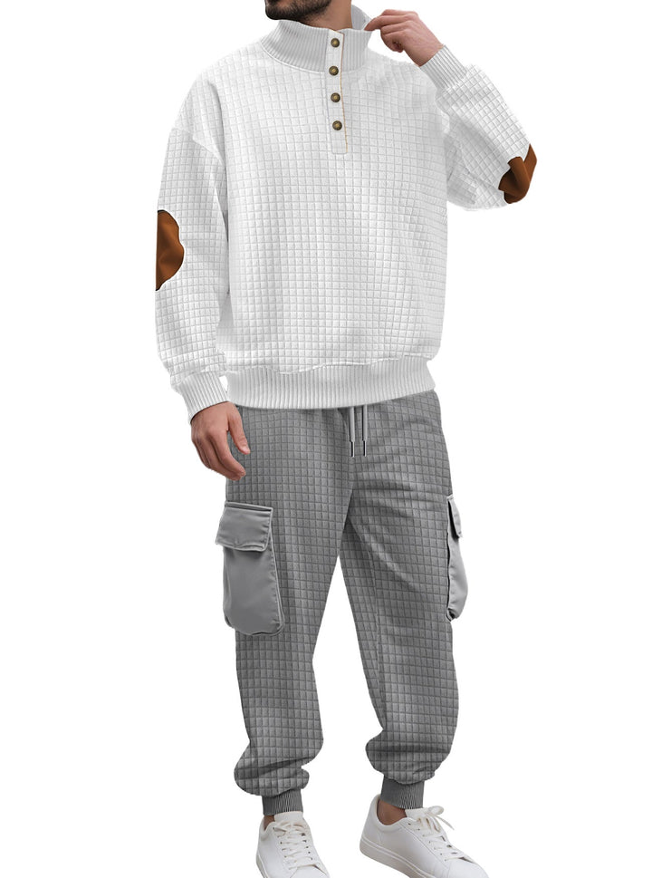 Męska kratka relief sweat set z stójka Listwa guzikowa, welur elbow patches i cargo jogger