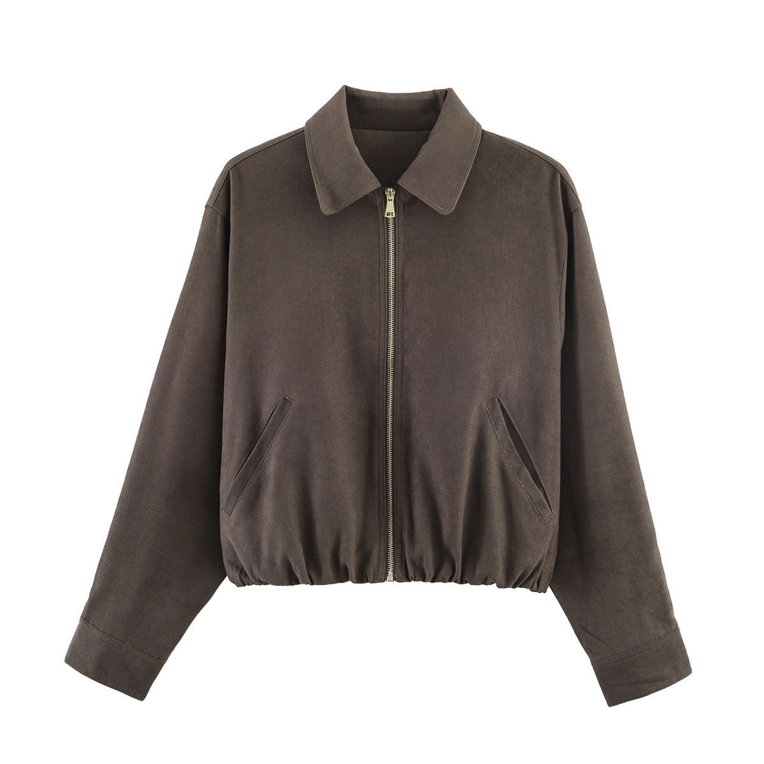 Damska krótka suede look bomber kurtka z zamkiem błyskawicznym, elastic dołem i diagonal side kieszeniami Lumaza