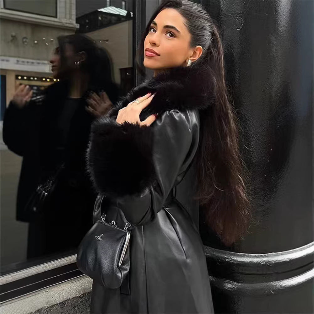 Damska długa imitacja skóry płaszcz z wide faux fur kołnierzem i cuffs Lumaza