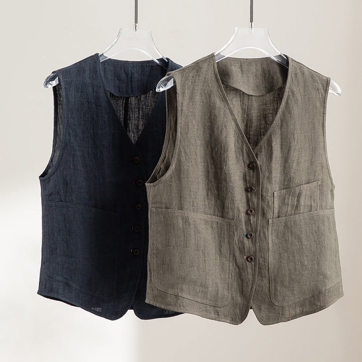 Damska linen kamizelka z V-neck, z naszywanymi kieszeniami, i relaxed krój Lumaza
