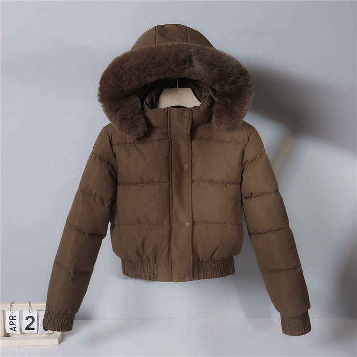 Damska krótka termiczna pikowana kurtka z removable faux fur hood i ribbed cuffs Lumaza