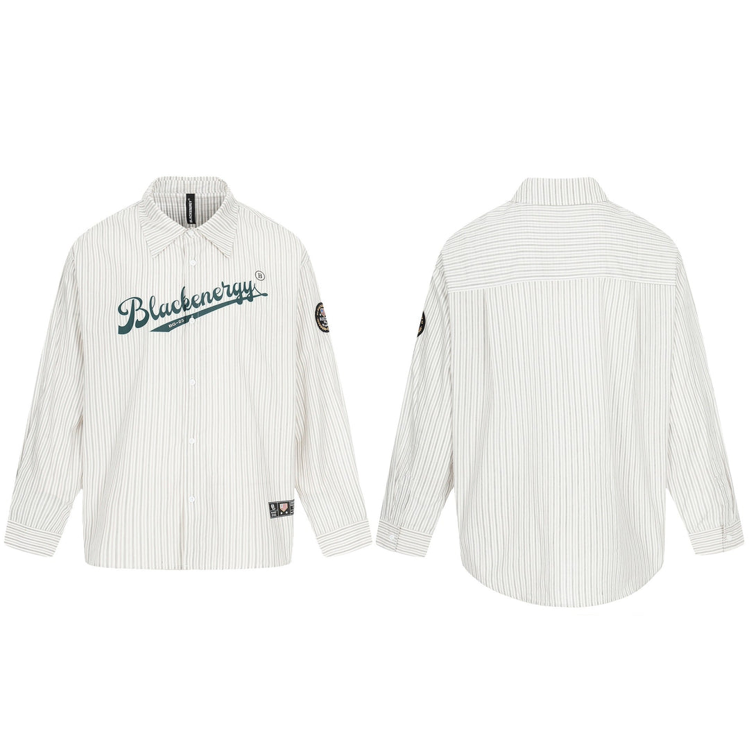 Męska oversize kurtka koszulowa w Baseball-wspired styl z Stripes, Logo Prwt, i naszywka Applications