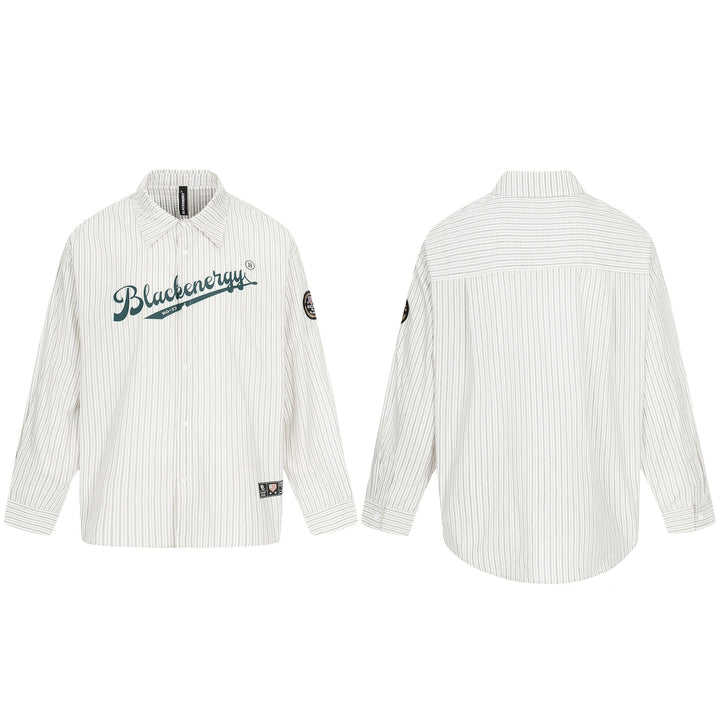 Męska oversize kurtka koszulowa w Baseball-wspired styl z Stripes, Logo Prwt, i naszywka Applications