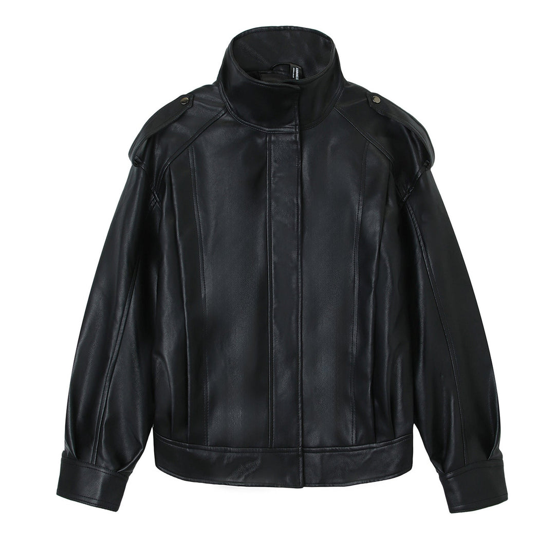 Damska oversize Leather kurtka z High ze stójką i na ramiona Patches Lumaza