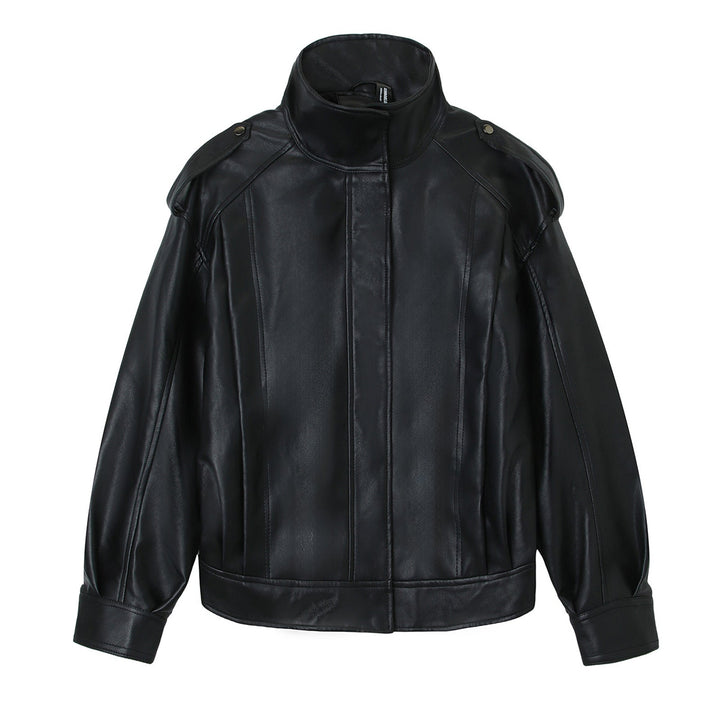 Damska oversize Leather kurtka z High ze stójką i na ramiona Patches Lumaza