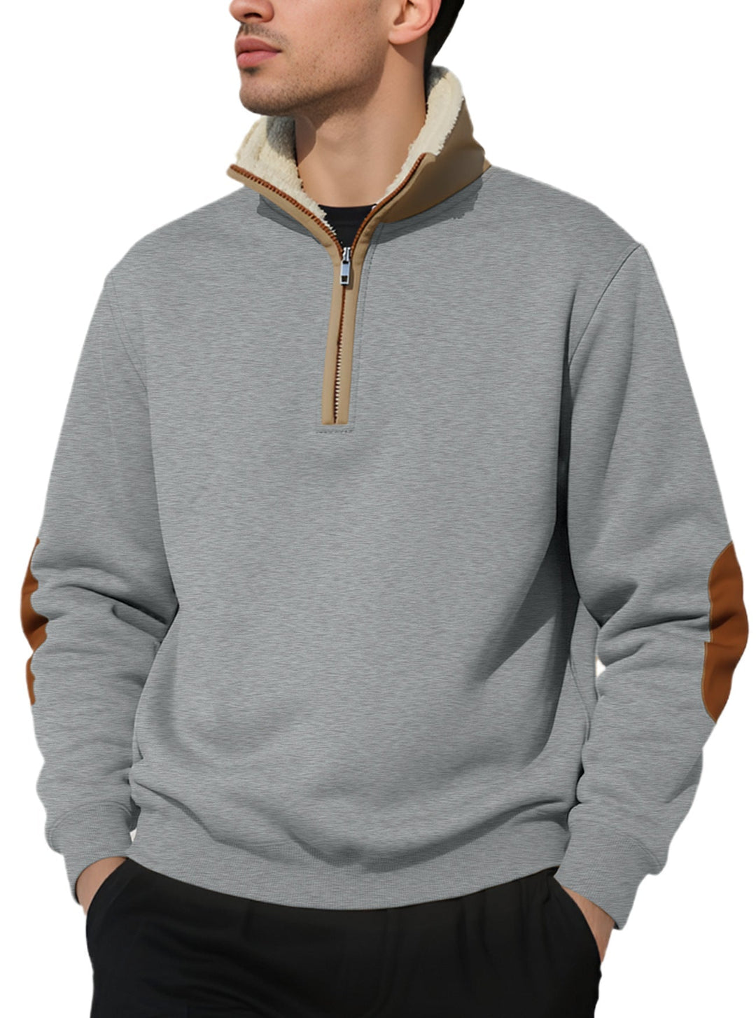 Męska nano Lekka krótki zamek bluza z sherpa lined Stójka i imitacja skóry elbow patch