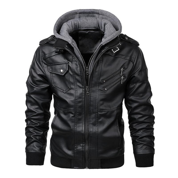 Męski imitacja skóry flight kurtka z integrated kaptur layer, zippered kieszeń na piersi, i prążkowane mankiety