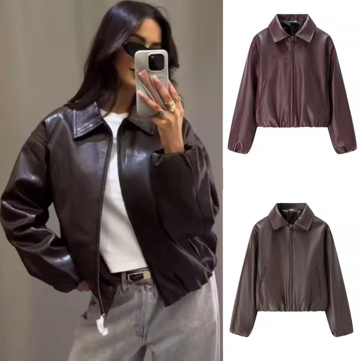 Damska krótka leather imitation blouson z zamkiem błyskawicznym i elastic dołem Lumaza