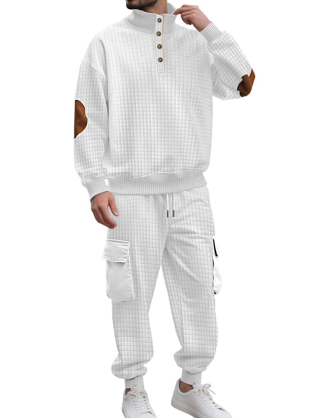 Męska kratka relief sweat set z stójka Listwa guzikowa, welur elbow patches i cargo jogger