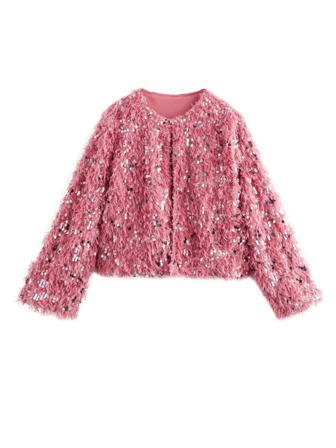 Damska Krótka Kurtka wykonana z fluffy Sztuczne futro z sequin wykończenie