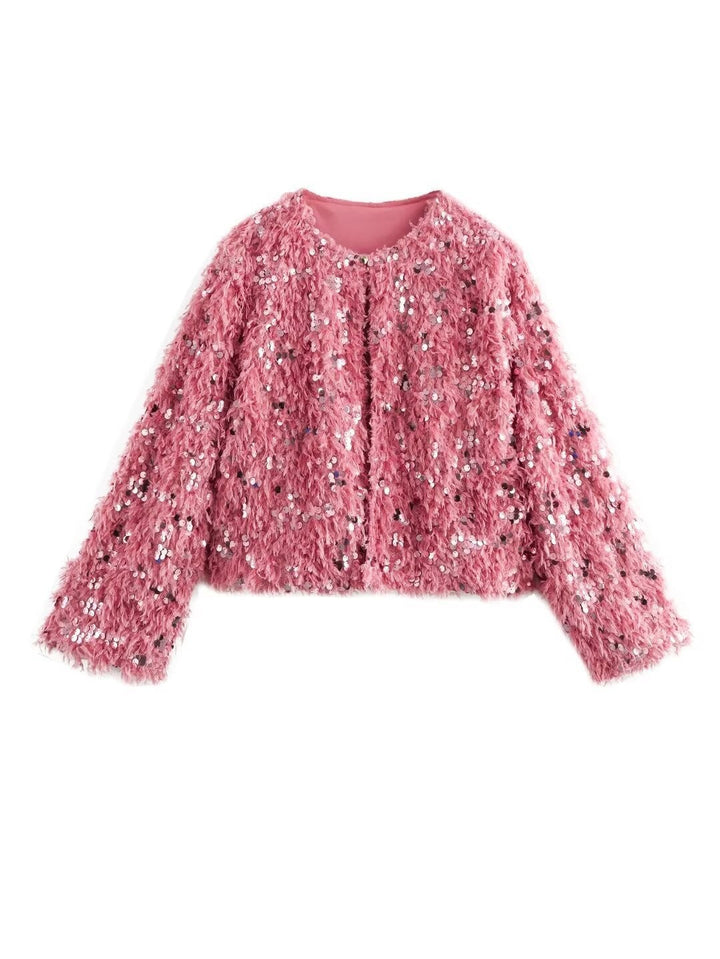 Damska Krótka Kurtka wykonana z fluffy Sztuczne futro z sequin wykończenie