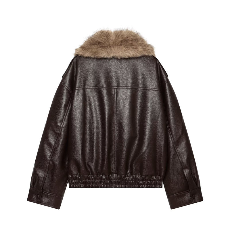 Damska krótka leather kurtka z full fur kołnierzem i elastic dołem Lumaza