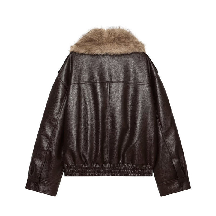 Damska krótka leather kurtka z full fur kołnierzem i elastic dołem Lumaza