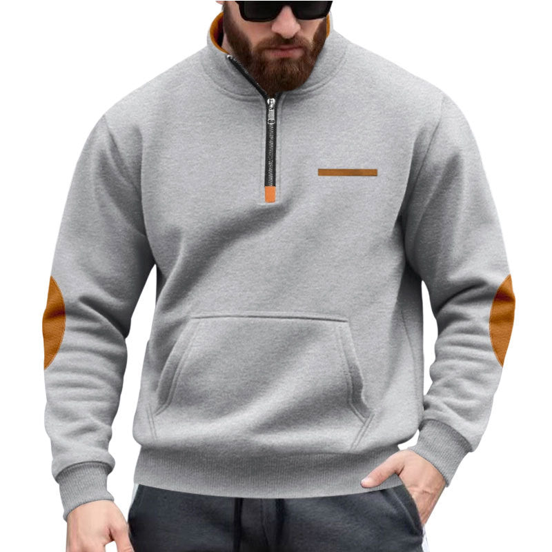 Męska krótki zamek bluza z Stójka, kieszeń kangurka, i elbow patches
